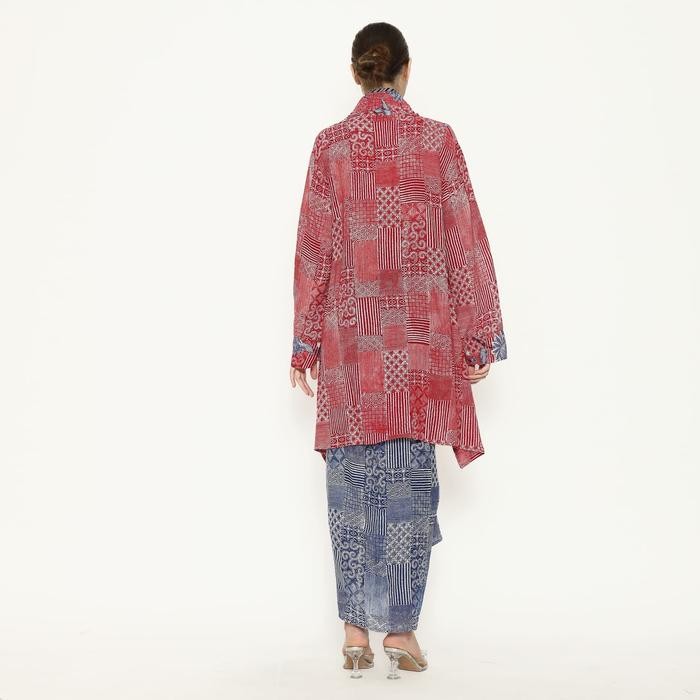 tunik batik Lunis merah biru kombinasi lurik