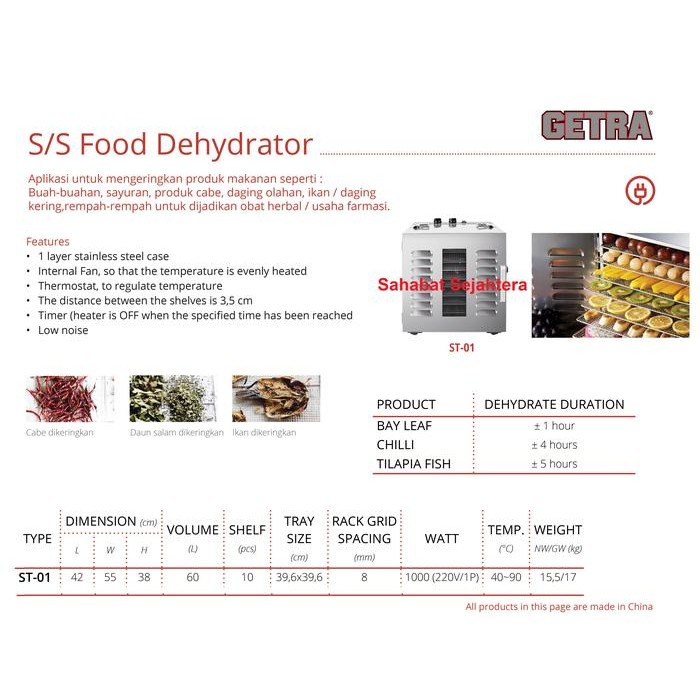Tersedia Getra Food Dehydrator Stainless St-01