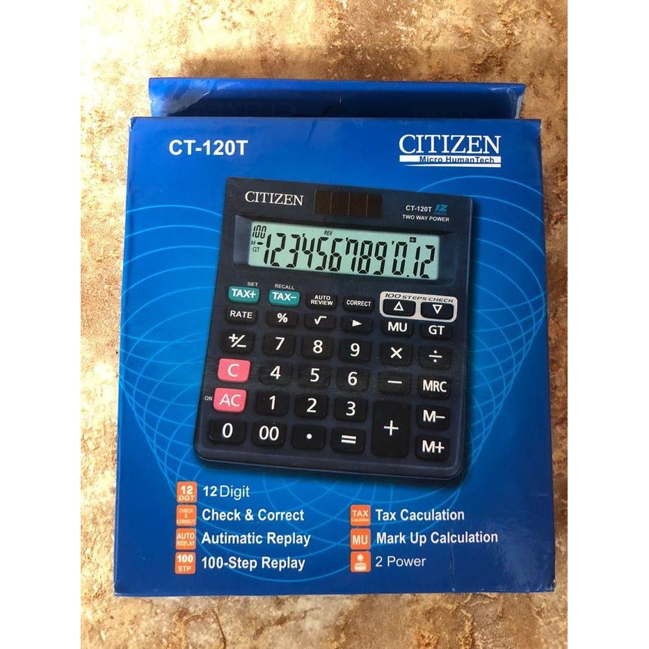 

kalkulator dagang ct 120t - 12 digit, fungsi check & correct, tax, solar powered, auto sleep mode -