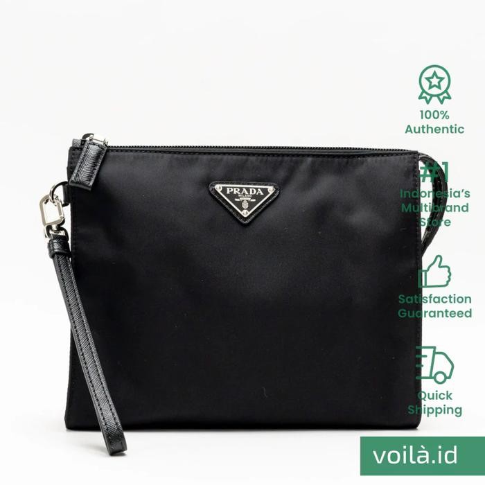 Voilaid Prada Re-Nylon and Saffiano Leather Pouch with Triangle Metal Logo Black