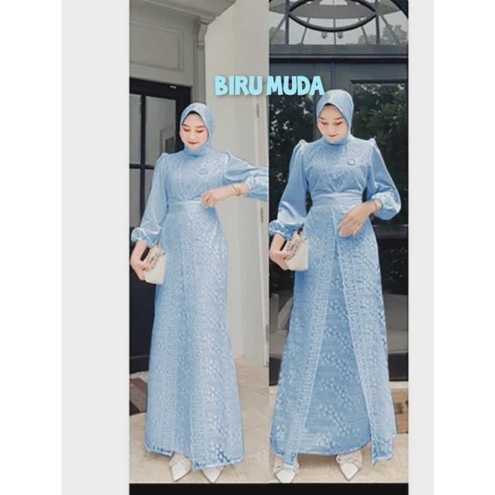 TERLARIS Gamis elika pesta dress satin brukat LD 90 100 110 120 130 jumbo biru denim PS READY STOCK