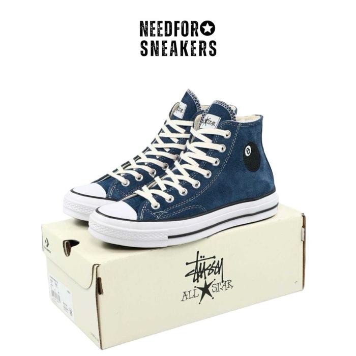 SEPATU STUSSY X CONVERSE ALL STAR CHUCK TAYLOR 70s HIGH 8 BALL SARGASSO SEA BLUE WHITE BLACK