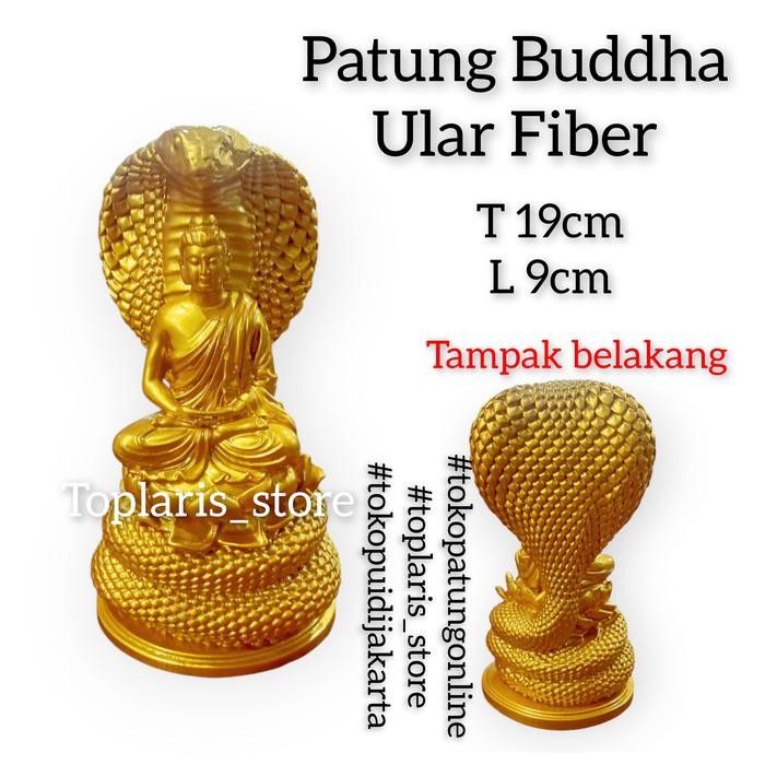 Patung Buddha Duduk Diatas Ular Fiber Emas