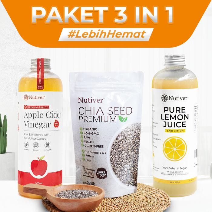

Pilihan- Nutiver Paket 3 In 1 Cuka Apel 500Ml Chia Seed 250 Gram Sari Lemon 500 Ml Cuka Apel