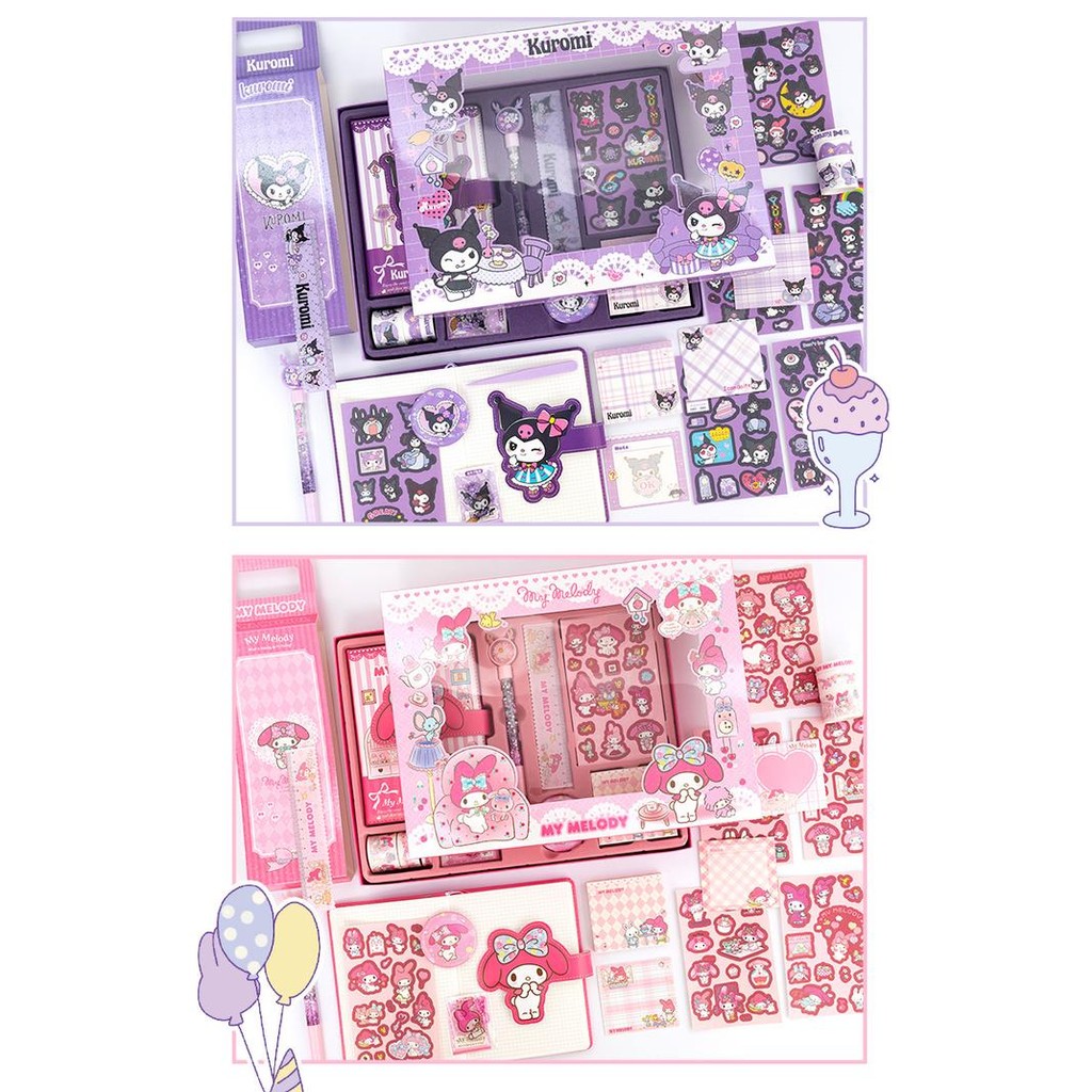 

Sanrio Luxury Notebook Fullset 9 In 1 Gift Box /Diary Gift Box Kuromi & Melody /Notebook Kuromi Set