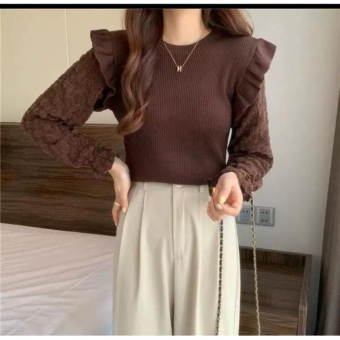 WEWEE Kenji Blouse mewah elegan 2024 ala korea Outer Wanita Atasan Bulu Knitwear