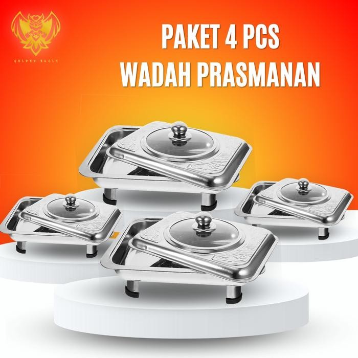 GOLDEN EAGLE - Paket Prasmanan Set Stainless 4 Pcs Wadah Lauk Makanan Lengkap dengan Tutup & Kaki