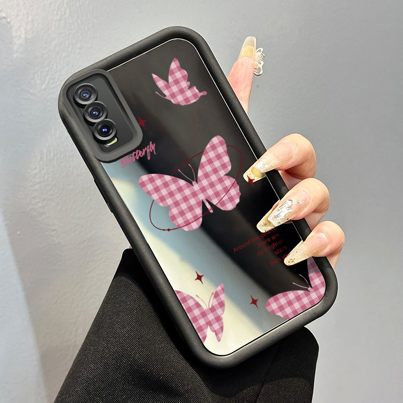 Casing Hp Untuk VIVO Y20 Y20s Y20i Y20T Y12s Y12a Y30G Y11s Case Kupu-kupu kotak-kotak merah muda Ka