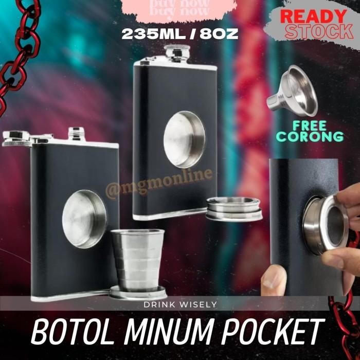 Botol Pocket Stainless Dengan Glass 235Ml Hip Flask 8Oz Liquor Minuman