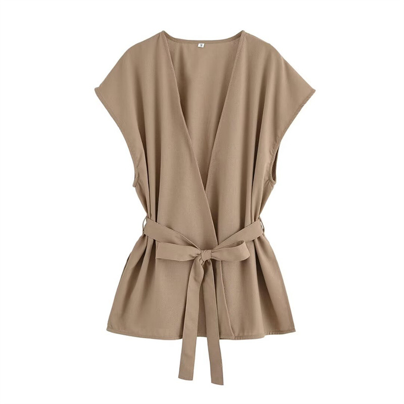 Women'S Jacket New Summer 2025 Camel Sleeveless Vest Vest Sexy V-Neck Design Belt Trim Slou y