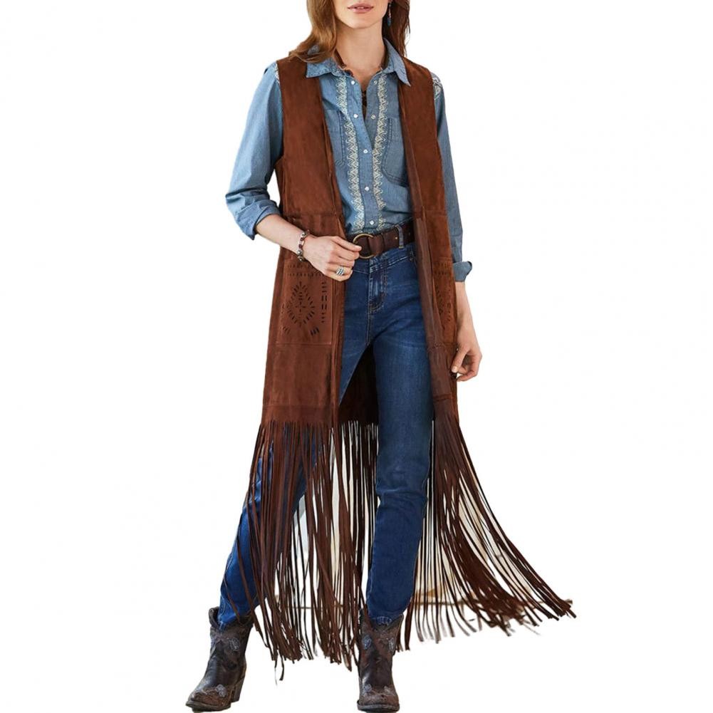 Western Fringed Vest Bohemian Fringe Vest Women'S Sleeveless Cardigan With Tassel Detail Pat