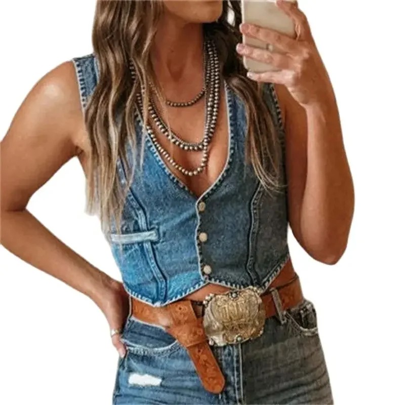 Vintage Three Button Pat work Cardigan Denim Vest Women Deep V Neck Sleeveless Tops Female Short