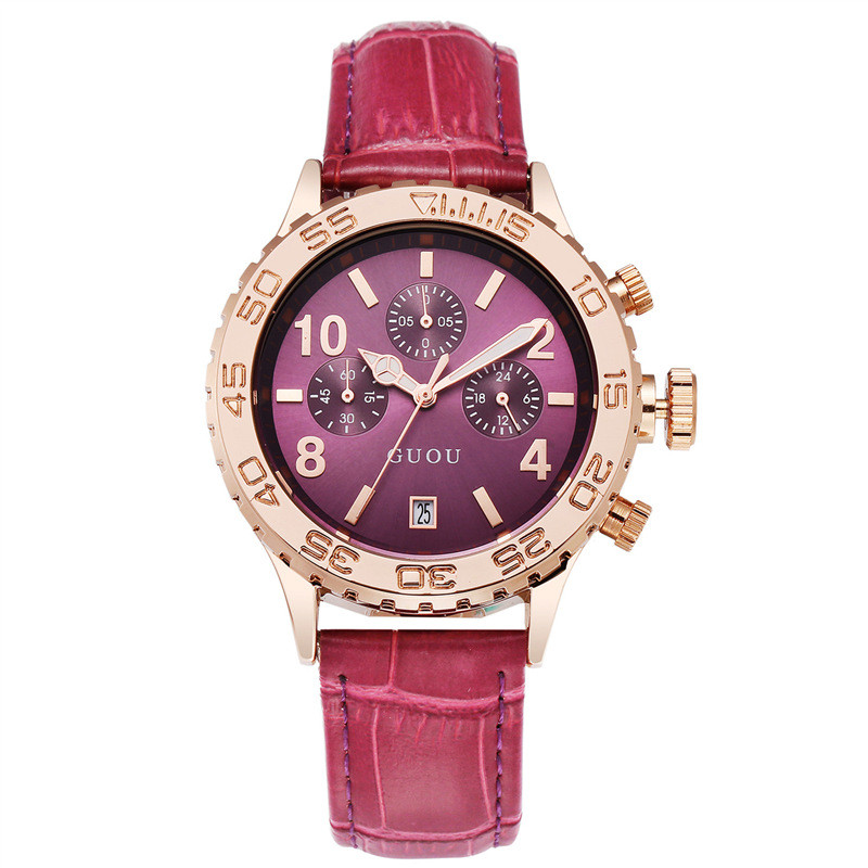 Fahsion Guou Luxury Brand Large Dial Gold Leather Real Three Eyes