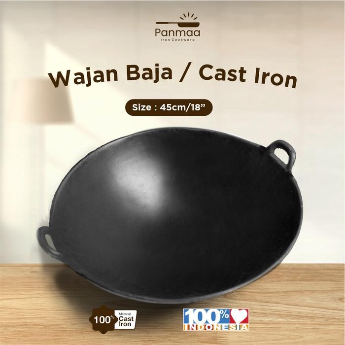 PREMIUM Wajan Baja Cor Pre Seasoned 18 (45cm) Tebal Anti Lengket / Kuali Besi Cor / Wok Cast Iron /