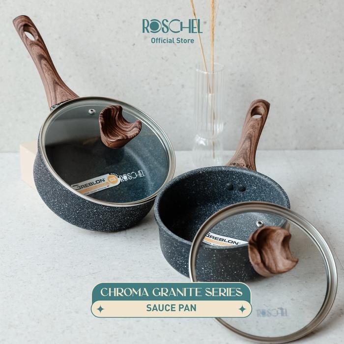 PREMIUM Roschel Chroma Granite Saucepan 16 cm + Tutup Kaca Non-Stick Greblon C3 German Coating Panci