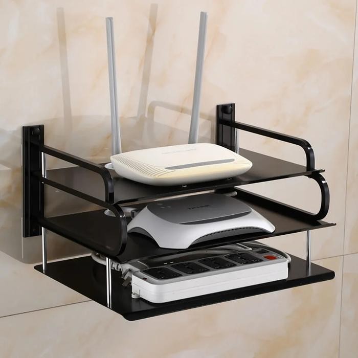 Wireless Wifi Router Storage Box Black Panel Metal Shelf Set-top Box