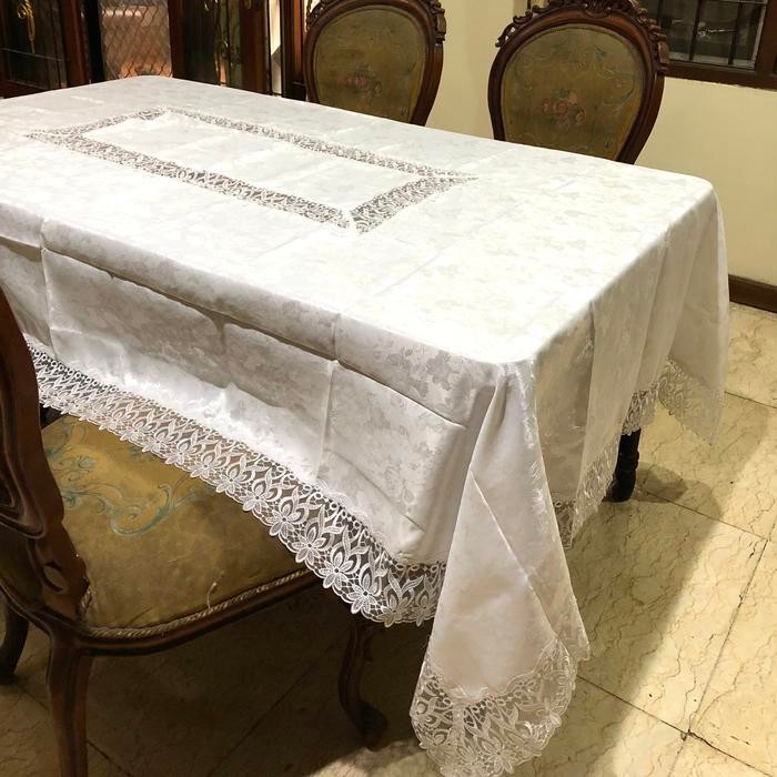 PREMIUM Taplak meja makan putih renda 8-10 kursi