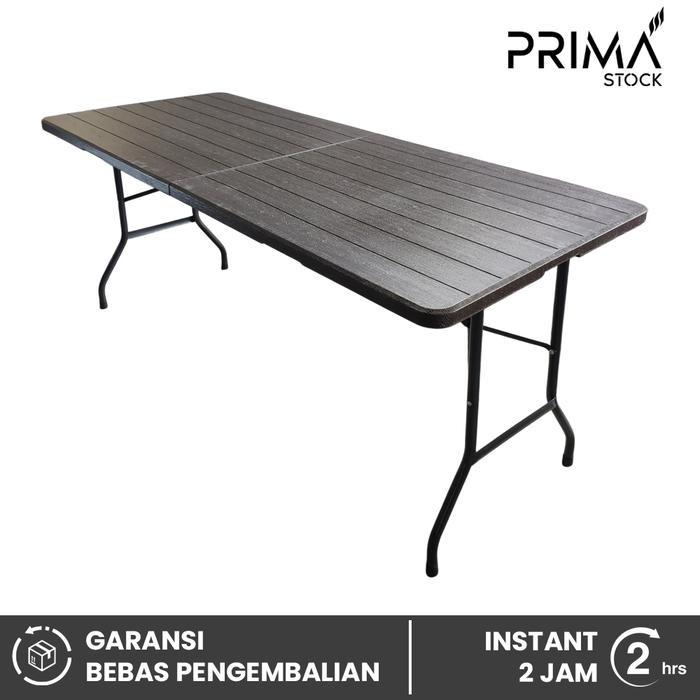 Meja Lipat bagi 2 180x75 cm Plastik Motif Kayu Prasmanan Koper Bazar Travel Portable Piknik