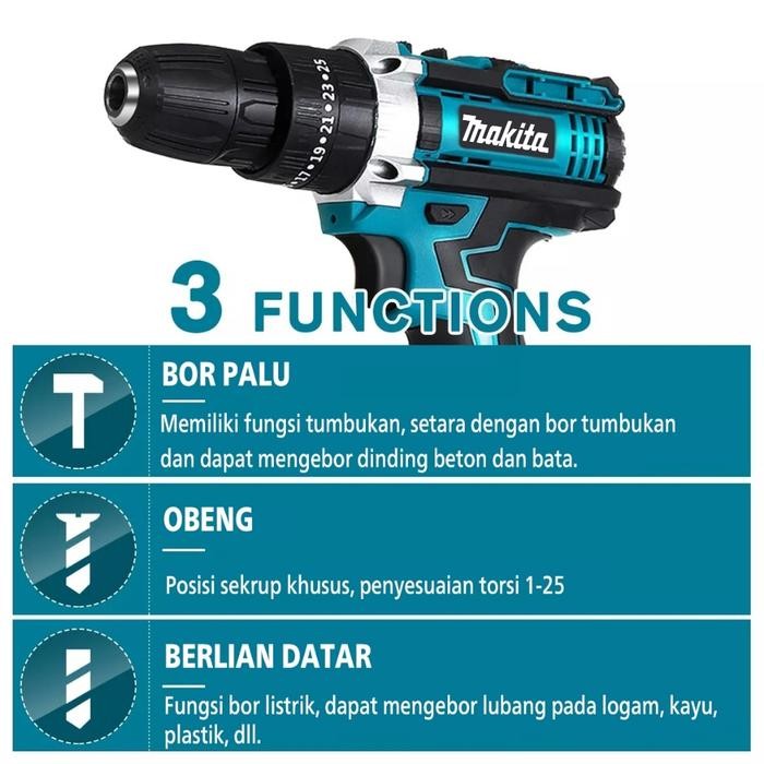MAKITA Mesin Bor Listrik Bor Baterai Cordless Drill 10mm Set Mesin Bor Tangan Baterai Tembok