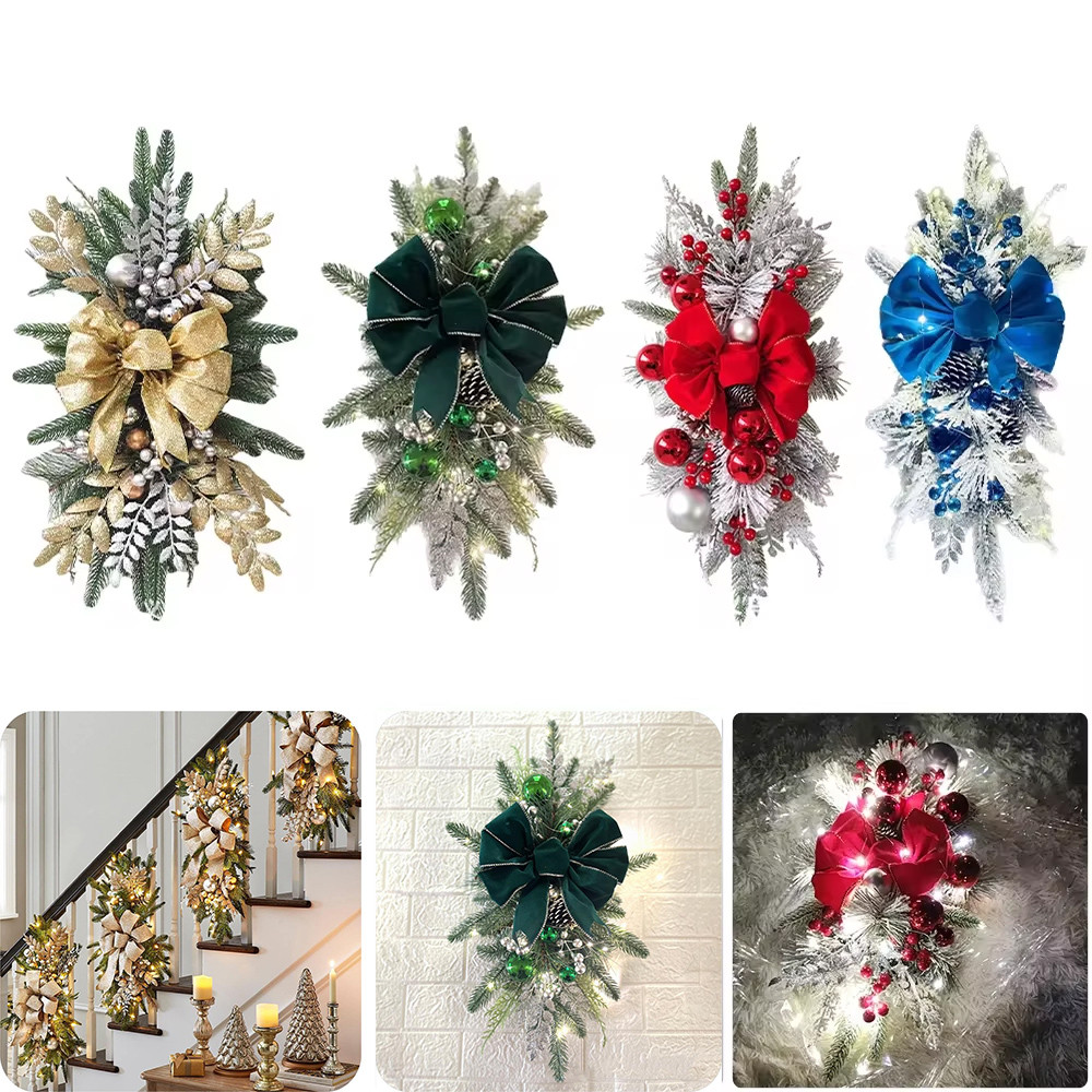 

Hanging Stairs Garland Christmas Swag Door Wreath Pendants Stairway Swag Trim Lights Up LED Wreath