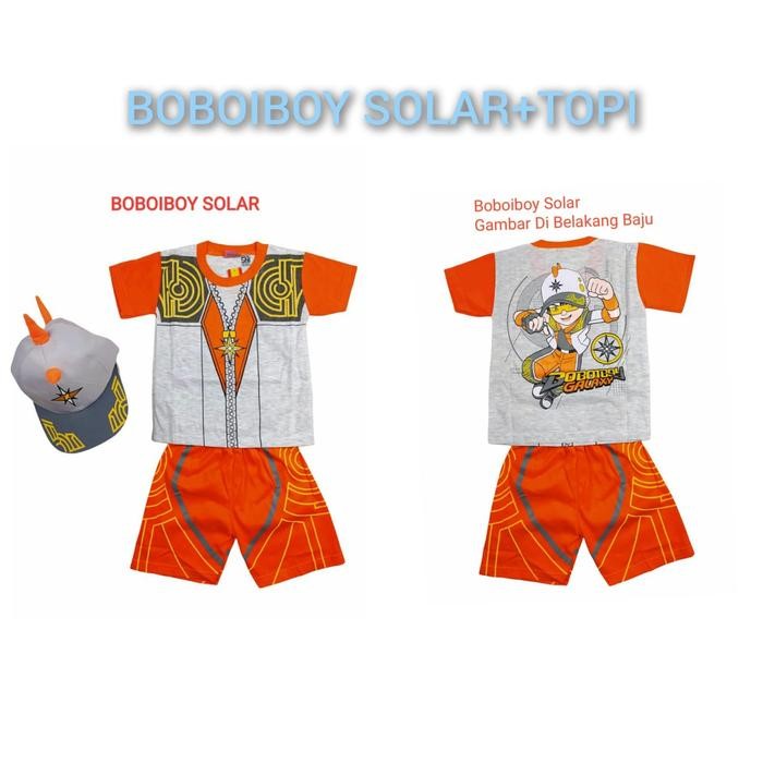 xie kostum baju anak boboiboy free topi / baju anak boboiboy api halilintar orange daun galaxy jeans