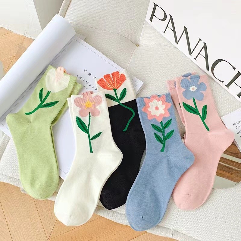 1 Pair Women Socks Japanese Korean Style Cartoon Flower Candy Color Harajuku Kawaii Mid Tube Socks