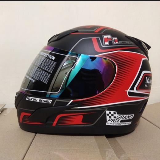 PREMIUM helm jpn fullface tanduk mmotif F3 black red dop