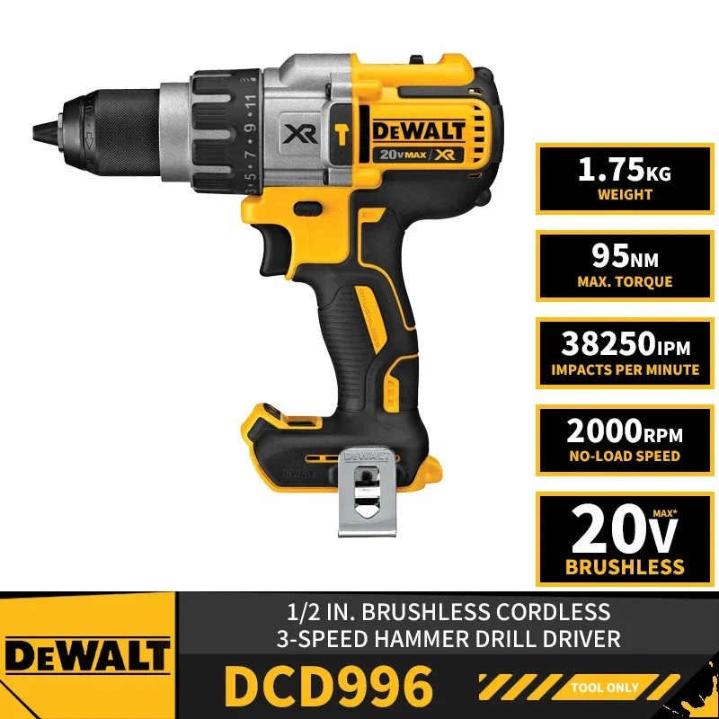 DEWALT DCD996 Brushless Cordless 3-Speed 1/2in Hammer Drill Driver 20V Lithium Power Tools 2000RPM 9