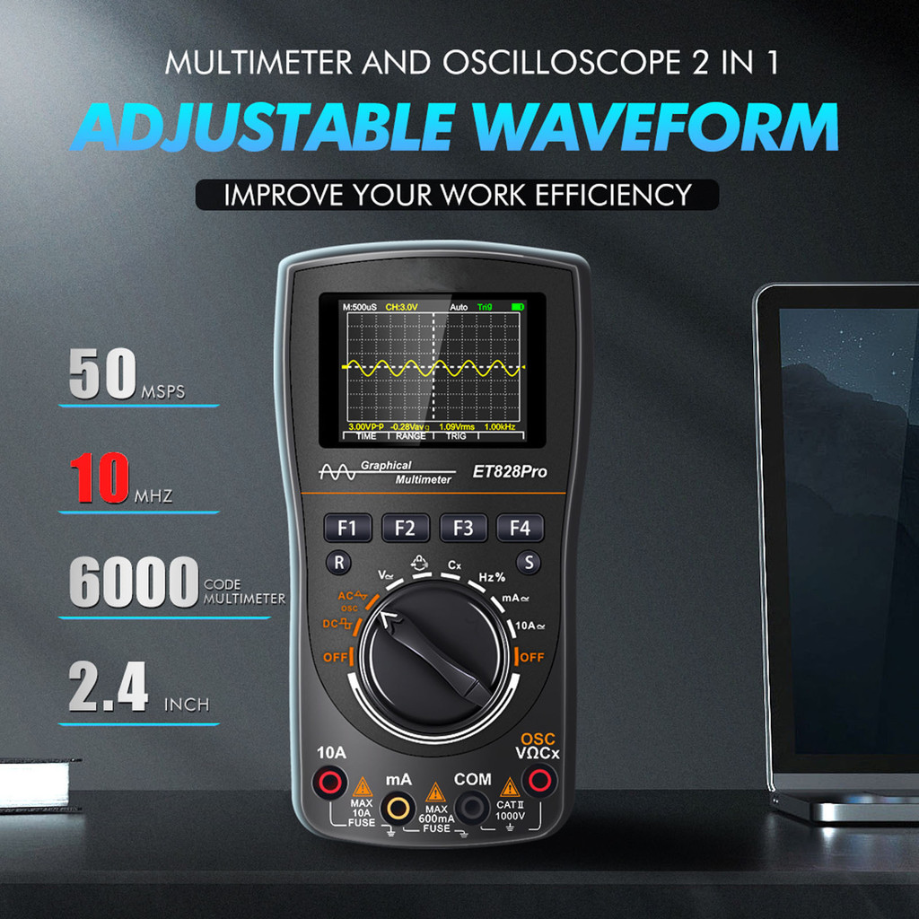 Digital Oscilloscope Multimeter ET828Pro 2 in 1 50Msp 10MHz Analog Bandwidth 2.4 Inch Screen Handhel