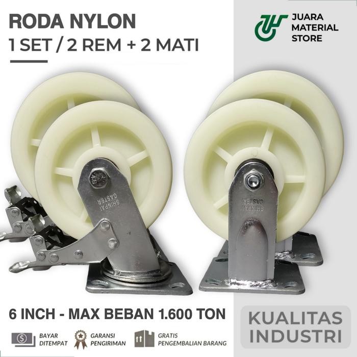 

Terlaris Roda Trolly 6 Inch Nylon Teflon 1Set 4Pcs 2 Rem + 2 Mati
