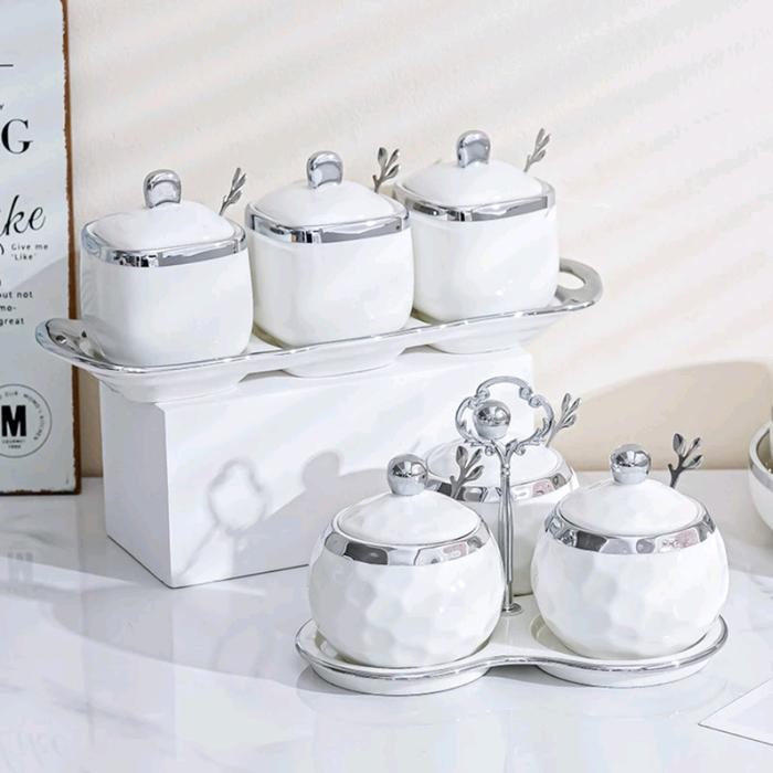 Tempat Penyimpanan Bumbu Dapur Keramik Kotak Set / Wadah Bumbu Dapur Kitchenware