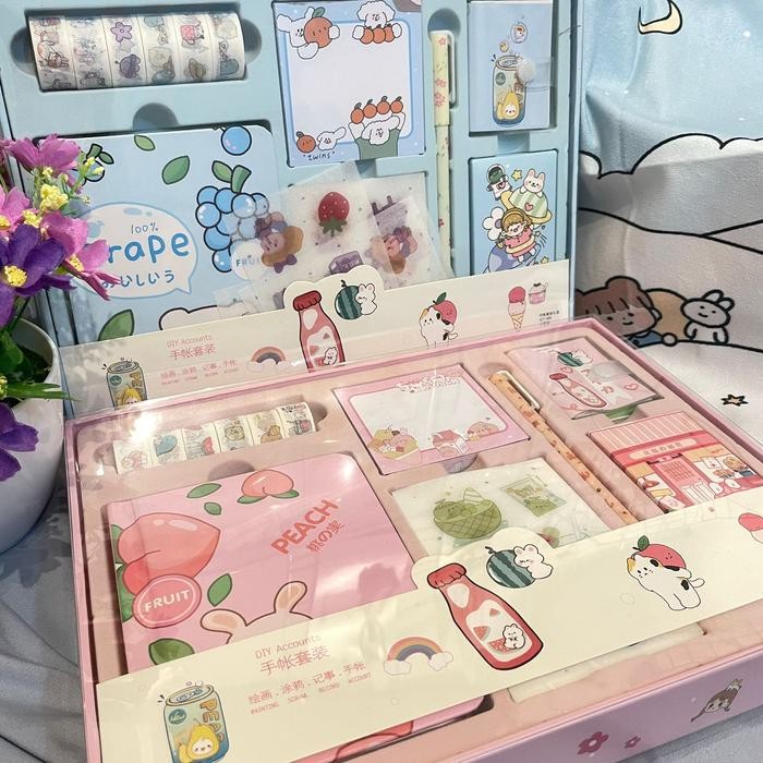 

Paket jurnal peach 7in1 set alat tulis isi pen note book memo lucu
