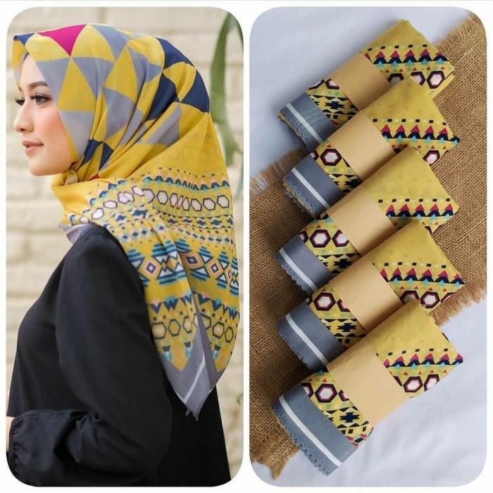 (Expert) HIJAB SEGI EMPAT VOAL MOTIF GARIS KUNING KERUDUNG JILBAB TERBARU