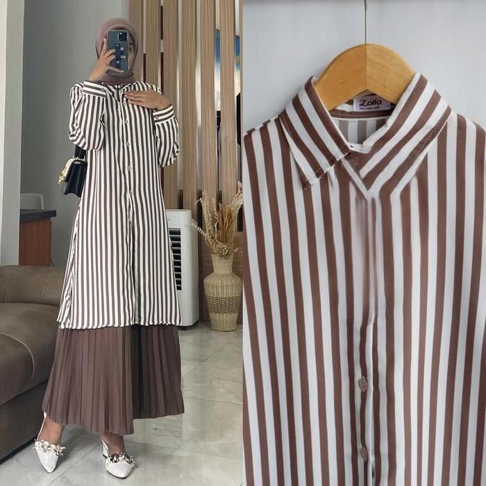 Atasan Kemeja Tunik Wanita Lengan Panjang Motif Salur Garis Bahan Rayon Premium Full Kancing