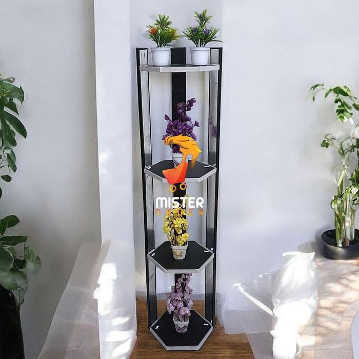 Rak Lantai Hexagonal 4 Tingkat / Rak Hias Bunga / Rak Lantai Kayu
