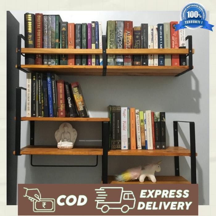 Rak Susun Buku Besi Kayu Rak Dinding Gantung Rak Dinding Ambalan