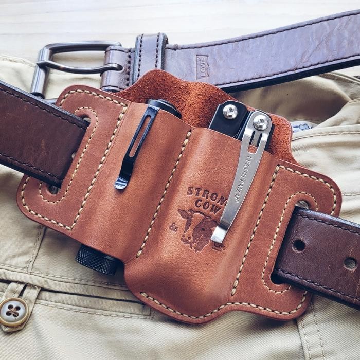 DOUBLE SLOT LEATHER HOLSTER FOR LEATHERMAN WINGMAN / OLIGHT, LUMINTOP