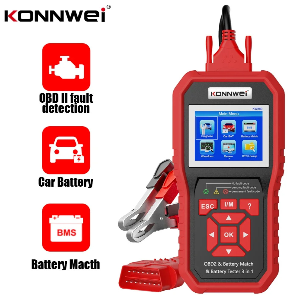 KONNWEI KW880 12V Car Battery Tester Analizer Auto Diagnostic Tool  Battery Match 3 in 1 Car OBD2 Sc