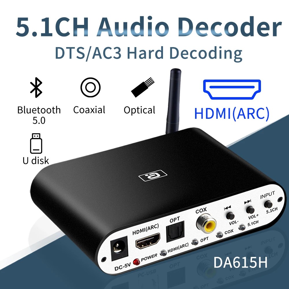 AYINO 5.1/2.0CH Wireless Bluetooth Reciever DAC Audio Decoder Adapter Optical Coaxial U play ARC DTS