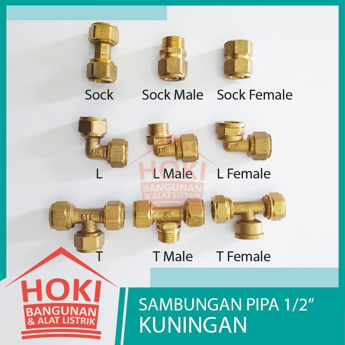 SAMBUNGAN PIPA KUNINGAN 1/2" Fitting PE PEX Air Panas Water Heater Sok T L Knee Elbow Drat Luar