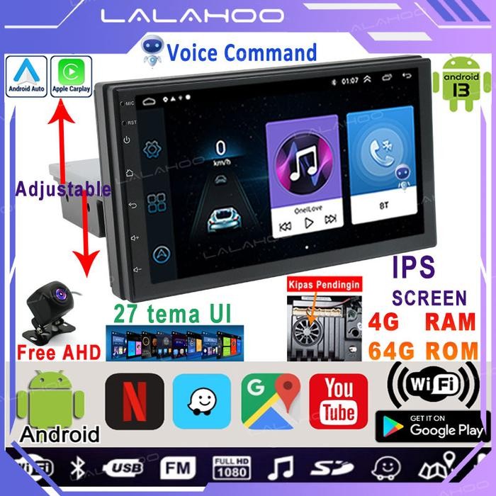 Terbaru Ada Kipas PendinginLalahoo Universal 4G+64G Single Din Android 13 Head Unit 7/9 Inch Ips