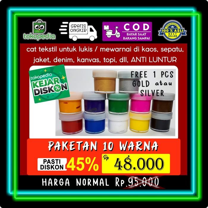 

Cat Tekstil / Lukis utk kaos / kanvas / tas / sepatu - paket 10 warna