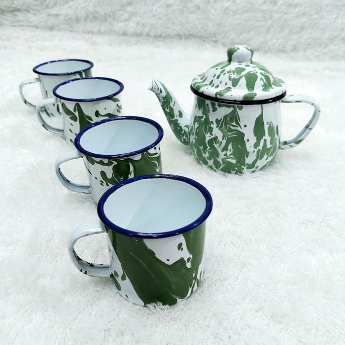 Set Teko Blirik Jadul Plus 4 Mug Tempat Air Ceret Lurik Blurik Cebol