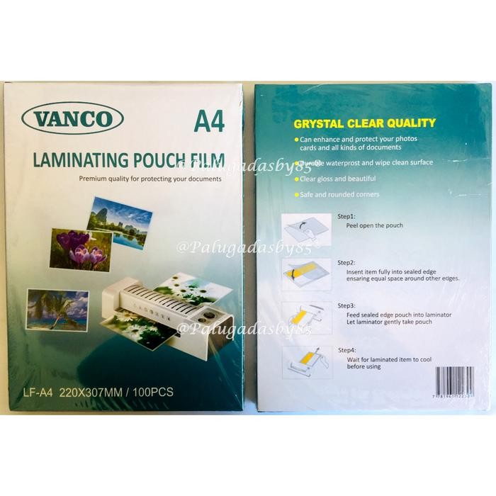 

(1 Pak Isi 100 Lembar) Plastik Mika Laminating Film VANCO LF-A4 Ukuran A4 220 mm x 307 mm / Plastik