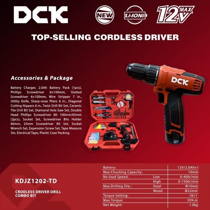 Dck Kdjz1202Td Cordless Drill Bor Baterai 12V Paket Set Lengkap