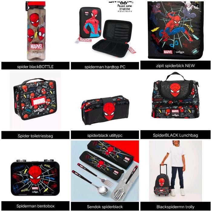 Smiggle Spiderman Backpack, Lunch Bag, Botol, Cil Case, Stationery