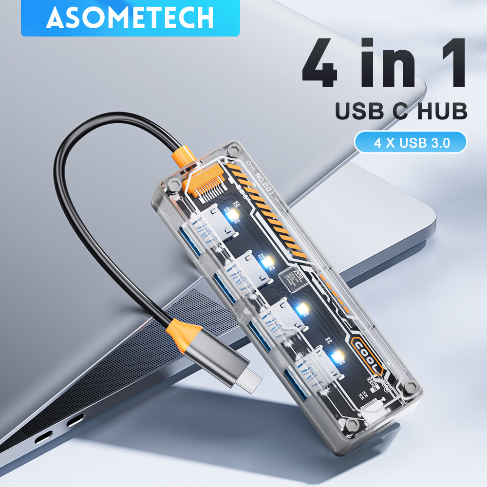 Transparent 4 in 1 USB 3.0 HUB Type C HUB To USB3.0 Type-C 4xUSB High Speed Splitter Box 4 Ports Usb