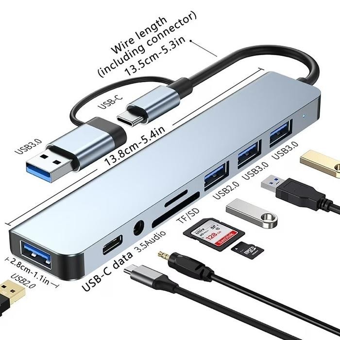 Usb HUB type-c combo 8in1 usb 4 port hub + sd + tf card reader + type c + audio 3.5 tipe c hub with