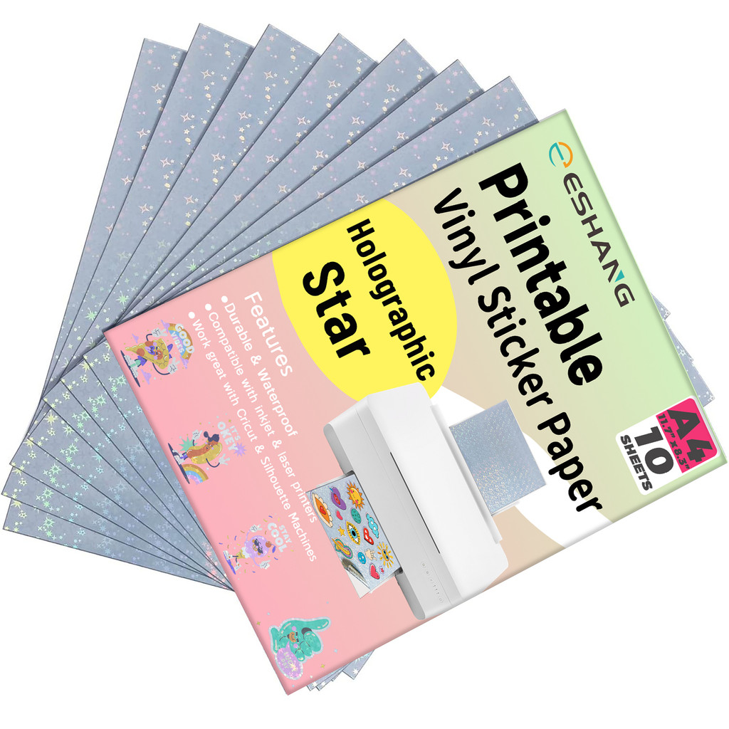 

A4 Size 10 Sheets Stars Printable Holographic Vinyl Sticker Paper,8.3x11.7Inch Self- Adhesive