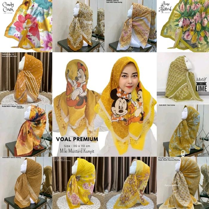 (Allthebest) Edisi Yellow - Hijab VOAL MOTIF PREMIUM Jilbab Lemon Lime Mustard Kuning Kunyit